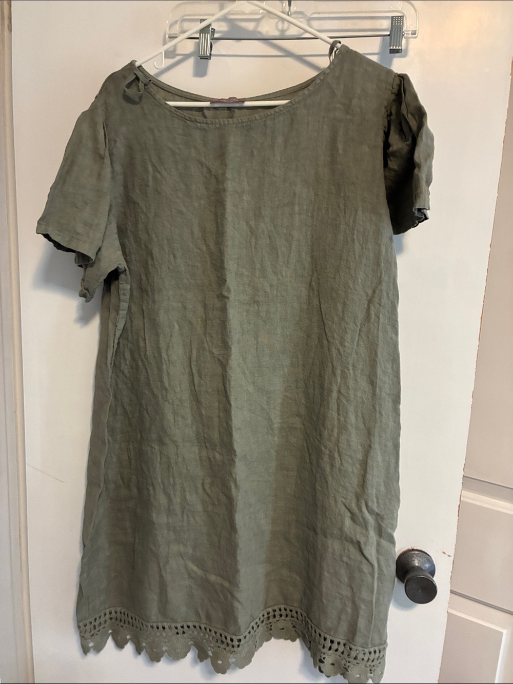 Saiph Lab Made In Italy 100% Linen 2x Ivy Lace Hem Ruffle Sleeve olive Dress
